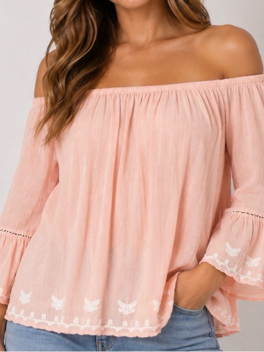 Women’s Blush Pink Off Shoulder Blouse White Embroidery 3/4 Bell Sleeve Boho XXL